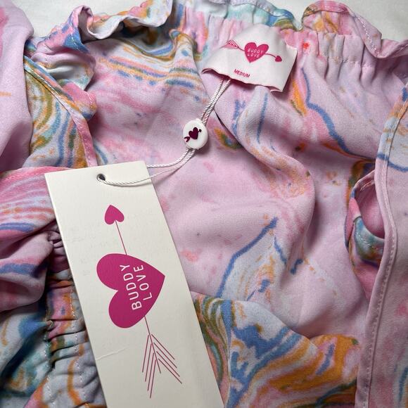 Buddy Love Dress Size M Pink Swirl Off Shoulder Smocked Waist Chiffon Mini NWT - Picture 7 of 12